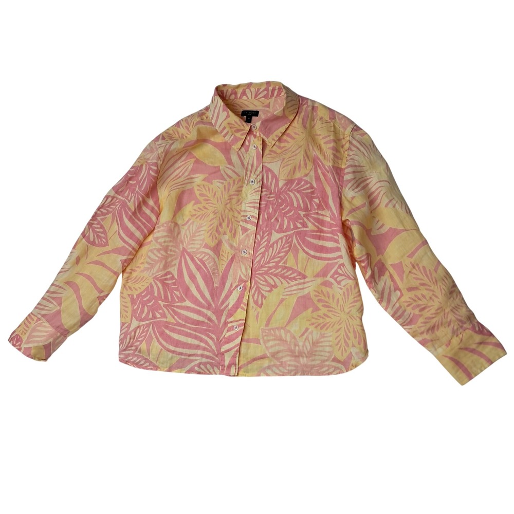 Talbots Button‎ Up Top Womens Medium Petite 100% Linen Pink Yellow Tropical Leaf